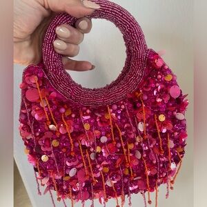 Viral Pink Fringe Beaded Handbag